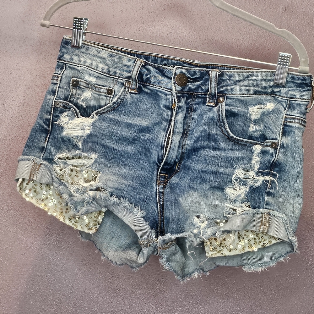 American Eagle Denim Distressed Shorts with Sequin Detail